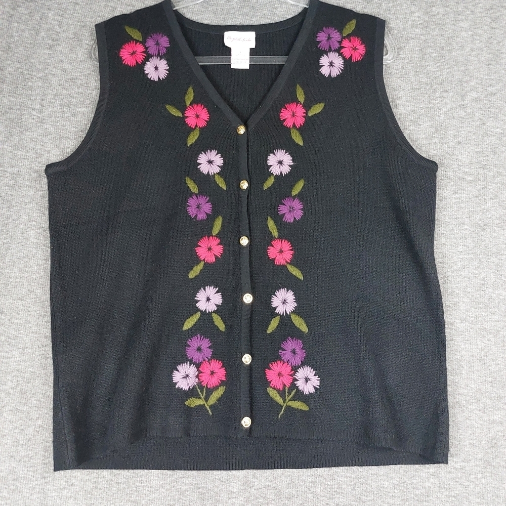 CRYSTAL KOBE WOMENS VINTAGE BLACK FLORAL EMBROIDERED VNECK SWEATER VEST SIZE L